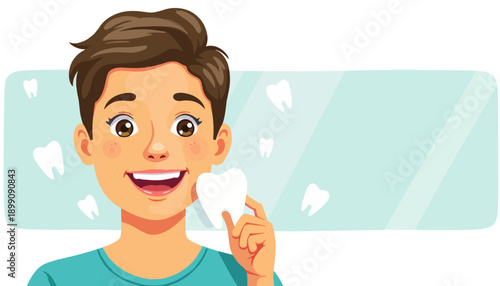 Happy young boy holding a tooth and smiling in bright background  