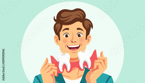 Young man smiling while holding dental teeth model in illustration  