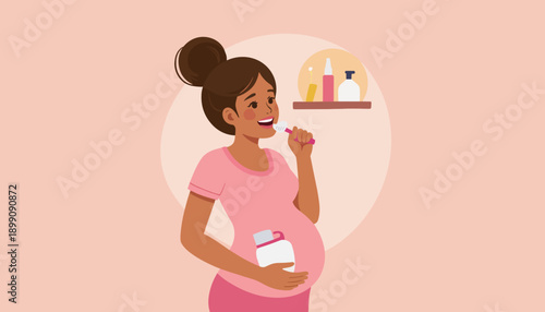 Pregnant woman smiling while holding vitamins in cozy home setting  