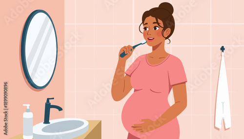 Pregnant woman brushing teeth in bathroom with pink tiles  