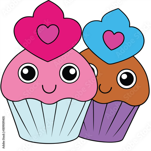 Cupcakes decorated with hearts and cream in a sweet love themed illustration