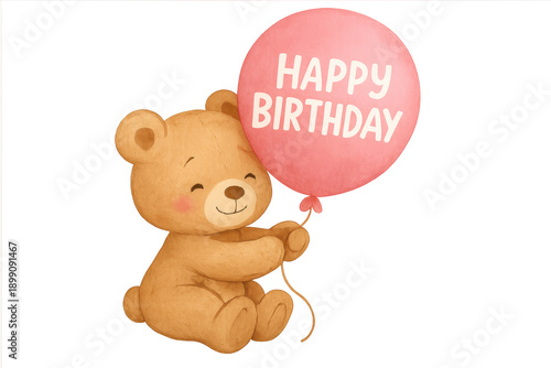 Teddy bear holding pink happy birthday balloon