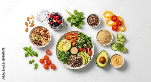 Wallpaper Mural Healthy food ingredients and mixed salad bowl with nuts seeds avocado tomatoes peppers and berries on white background Torontodigital.ca