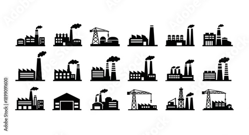 Collection of Industrial Factory Silhouettes with Smoke Stacks.