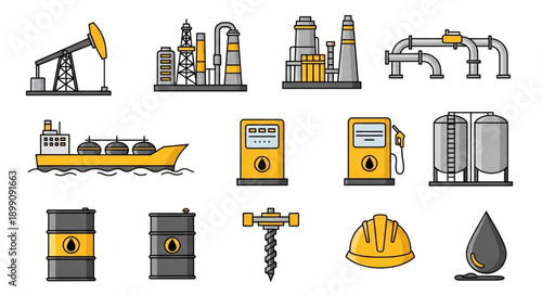Collection of oil and gas industry icons and illustrations.
