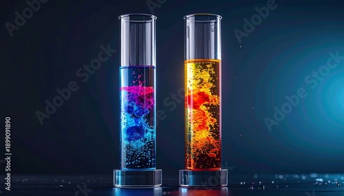 Vibrant chemical reactions in laboratory test tubes showcasing colorful liquid dynamics and scientific experimentation with contrasting blue and orange solutions