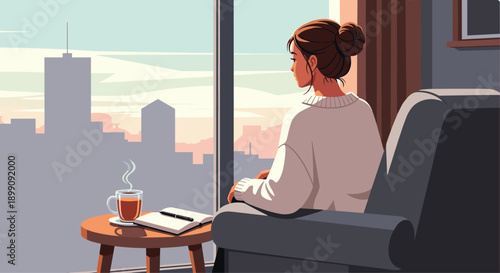 Young Woman with Hair Bun Looking at Urban Sunset Cityscape View from Window with Open Notebook and Steaming Cup of Coffee on Wooden Table in Modern Living Room.