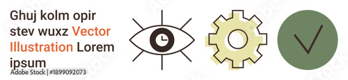 Productivity, process management, decision-making, efficiency, task tracking, accuracy. An eye with clock, a gear and a checkmark. Productivity and process management concept