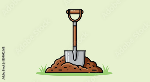 Steel Garden Shovel Stuck in Mound of Dark Soil with Green Grass Blades on Pale Background for Gardening Landscaping and Backyard Maintenance Concept Illustration.
