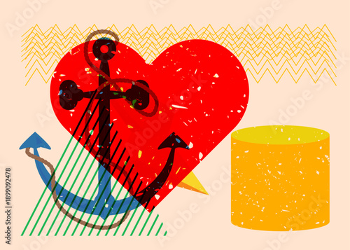 Risograph Heart and Anchor with geometric shapes. Objects in trendy riso graph print texture style design with geometry elements.