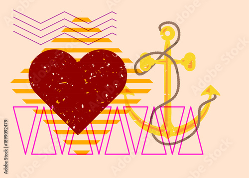 Risograph Heart and Anchor with geometric shapes. Objects in trendy riso graph print texture style design with geometry elements.