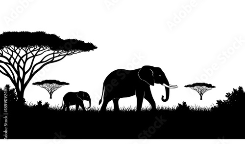 Elephant and Calf Savanna Silhouette with Acacia Tree Vector