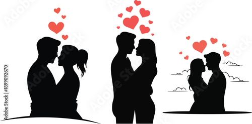 Romantic Couple Silhouette Set with Red Hearts - Vector Collection for Valentine's Day and Wedding Design