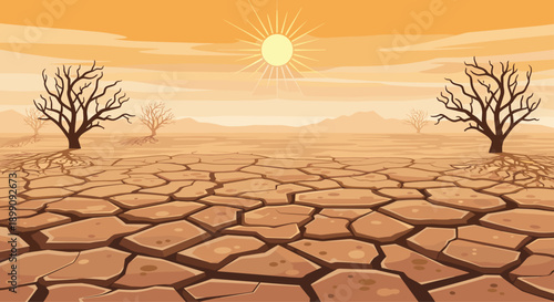 Barren Desert Landscape with Cracked Dry Earth and Dead Tree Silhouettes under Intense Glowing Sun at Sunset for Global Warming and Environmental Change Concept.