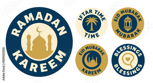 Elegant collection of Islamic holiday badges for Ramadan and Eid, featuring symbols representing prayer, fasting, and joyous cultural celebrations