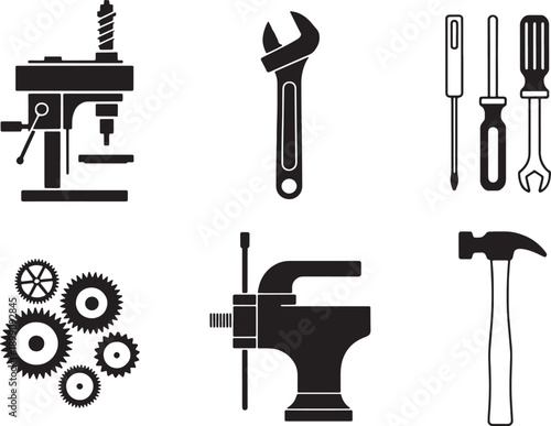 Collection of black silhouette representing various tools and mechanical components