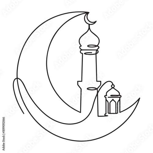 Elegant continuous line art drawing featuring a crescent moon, mosque minaret, and traditional lantern, symbolizing Islamic culture and spiritual celebrations