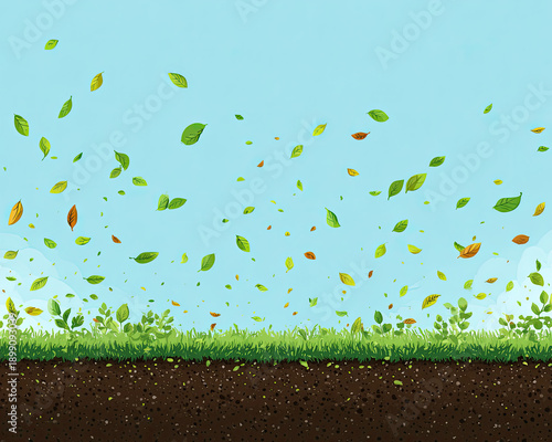 Falling leaves over green grass and soil
