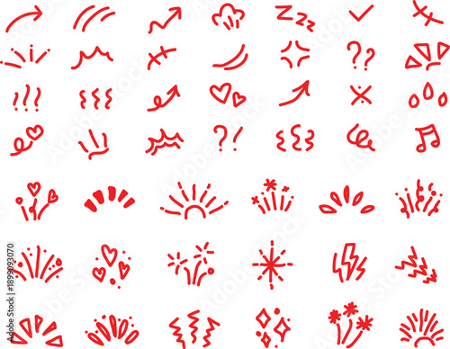 A collection of abstract red symbols and shapes on a white background