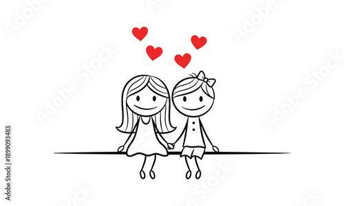 Cute stick figure girls sitting together with hearts above love friendship concept