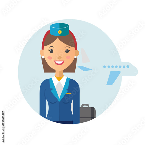 A friendly flat design vector illustration of a female flight attendant