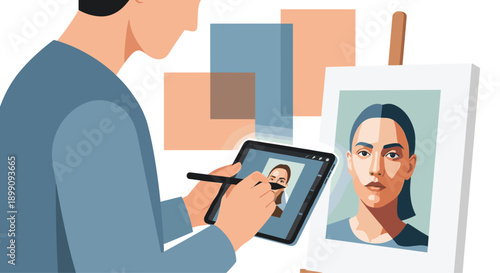 Digital Artist Using Tablet and Stylus Pen to Draw Portrait Next to Traditional Canvas Easel for Modern Illustration and Creative Fine Art Design Work.