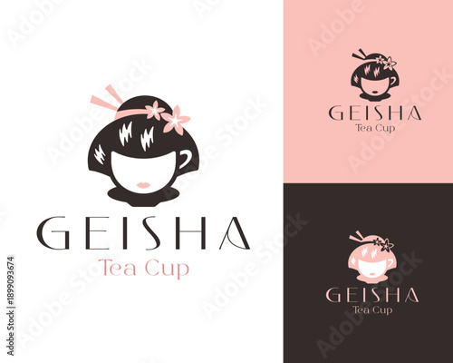 Minimalist Japanese Woman Logo with Tea Cup Silhouette - Sakura Flower Icon for Wellness