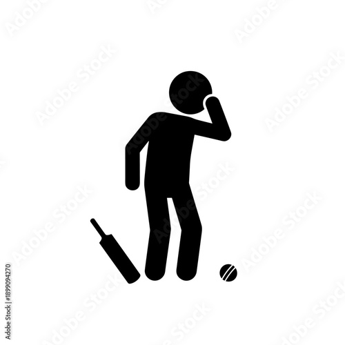 Stick Figure Cricket Batsman Covering Face in Shame After Missing Shot with Bat on Ground Black Vector Illustration