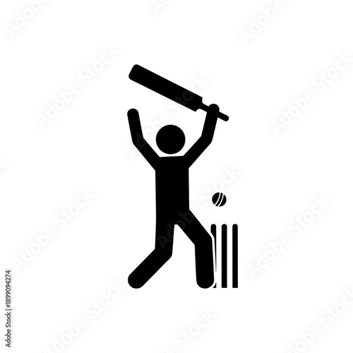 Stick Figure Young Cricket Batsman Playing Shot Near Stumps with Ball at Feet Black Vector Design