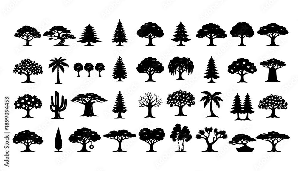 Fototapeta premium Tree Silhouettes Icon Set - Black Vector Forest and Nature Symbols Collection