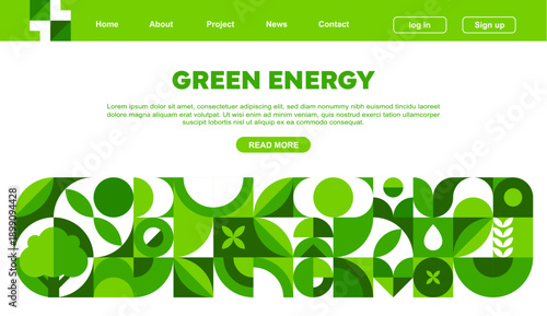 Environment ecology company landing page with geometric pattern. Eco green energy landing page vector template of ecology sustainable business with border of abstract tree, heart and flower pattern