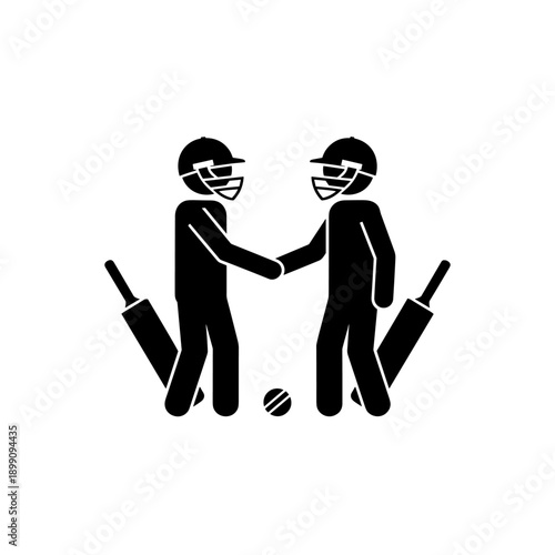 Two Cartoon Cricket Players Shaking Hands After Match with Stumps Between Them Black Vector Art