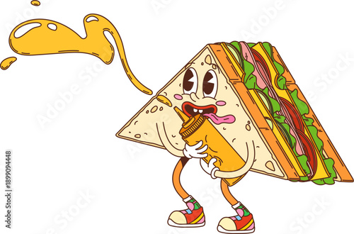 Cartoon groovy hippie sandwich funky character with mustard splash from bottle, vector fast food. Funny sandwich of toast bread with silly face and pranking with mustard for cartoon groovy character