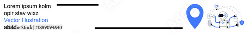Navigation, automation, AI technology, geolocation systems, robotics, future technology. Blue location pin and robot icon performing tasks. Navigation and automation technology theme