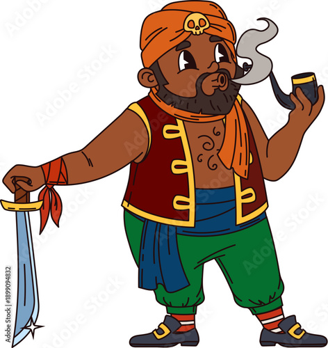 Turkish corsair pirate cartoon adorable character. Corsair captain cute personage, sailor bandit vector mascot. Pirate fighter or gunner happy character with sword, wearing turban and smoking pipe