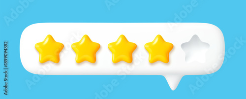 3d star rate evaluation icon, customer review feedback speech bubble. Vector realistic four gold stars of five customer satisfaction rating, evaluation survey or feedback review of product or service