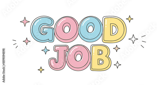 Colorful 'Good Job' text with pastel stars and sparkles, motivational phrase for kids or employee appreciation, overlay effect for banner or poster