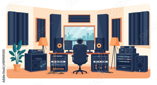 Music Producer Working in Professional Sound Recording Studio with Speakers Monitors Mixing Console and Acoustic Foam Panels for Audio Engineering Production.