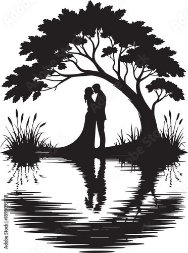 Romantic Couple Silhouette Vector Set, Love Story Scenes and Wedding Couples in Nature