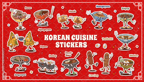 Cartoon groovy Korean cuisine characters sticker pack. Vector hippie ramen, funky noodles, dumplings, meat dishes, rice bowls and corn dog snacks, traditional cute y2k mascot and Asian food personages