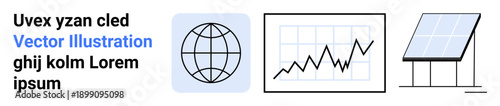 Global communication, sustainability, technology, financial growth, renewable energy, statistical data. Globe symbol, upward trending graph solar panel illustration. Connectivity and sustainability