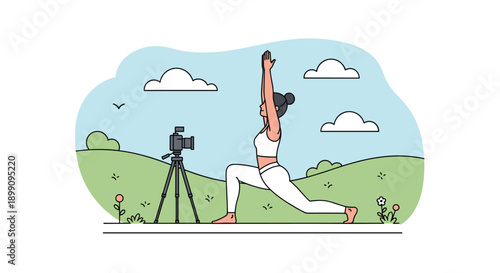 Woman in Sportswear Practicing Yoga Pose in Green Park with Camera on Tripod for Fitness Vlog and Online Workout Content Creation Outdoors.