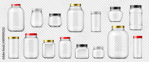 Realistic glass canning and mason jars, empty storage glassware vector 3d mockup. Jam, pickles and sauce canning containers with color metal screw lids. Homemade food preservation glass jars set