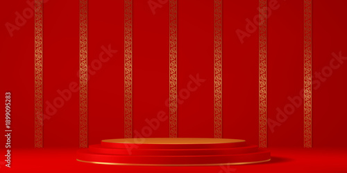 3D red Chinese podium stage with round pedestal stand and wall lines, vector Asian golden ornament. Luxury premium podium stage with platform and golden Chinese ornament for showcase studio display