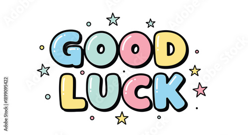 Colorful 'Good Luck' text with pastel stars and confetti, vector illustration for greeting card or motivational poster