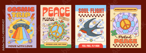 Retro vintage groovy hippie characters posters with peace sign and rainbows, cartoon vector. Y2K groovy hippie characters posters with trippy daisy flower, swallow and space UFO, eyes and hearts