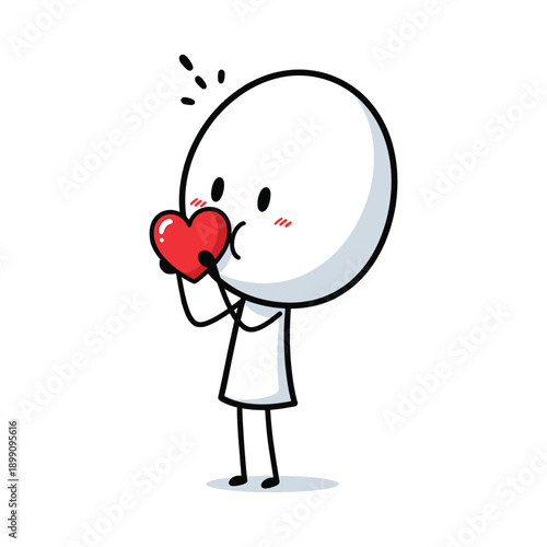 Cute cartoon character holding and kissing a big red heart