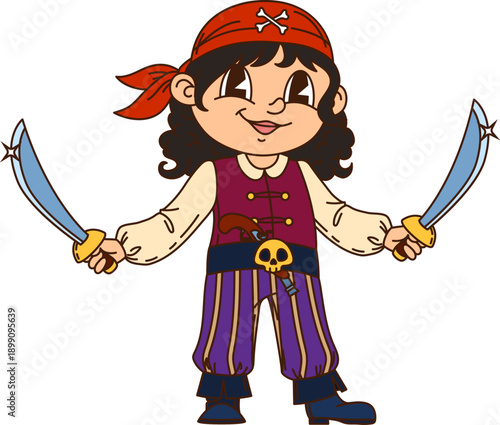 Girl kid pirate sailor cartoon funny character. Child sailor bandit cute personage, kid corsair skipper cheerful isolated vector mascot. Filibuster pirate boatswain character with two cutlass swords