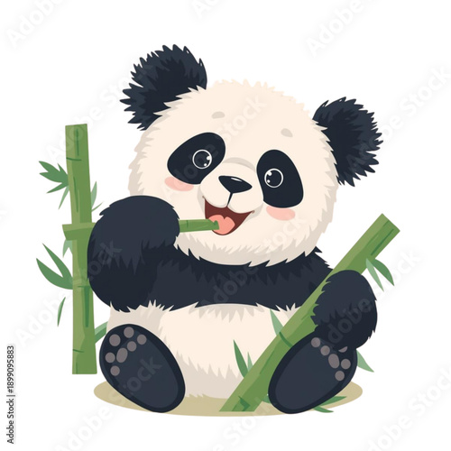 Cute Panda Eating Bamboo Flat Vector Illustration, Animal Cartoon