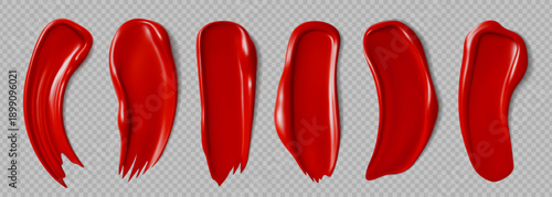 Realistic red lipstick cosmetic swatches, vector makeup and beauty products. 3d lipstick and lip gloss brush strokes with cream texture. Matte red lips makeup swatches set on transparent background